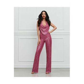 Salopeta Dama din Paiete, Fara Maneci, cu Pantalon Larg, si Decolteu, Refflection, Fuchsia