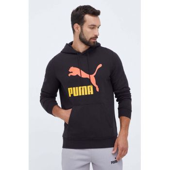 Puma hanorac de bumbac barbati, culoarea negru, cu glugă, cu imprimeu