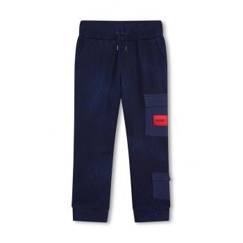 HUGO pantaloni de trening din bumbac pentru copii culoarea albastru marin, modelator ieftini