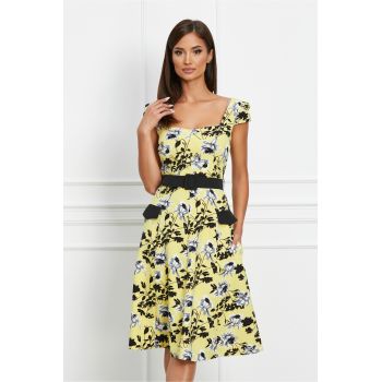 Rochie Dy Fashion galbena cu imprimeu floral si curea in talie