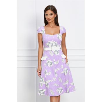 Rochie Dy Fashion lila cu imprimeu floral alb si curea in talie la reducere