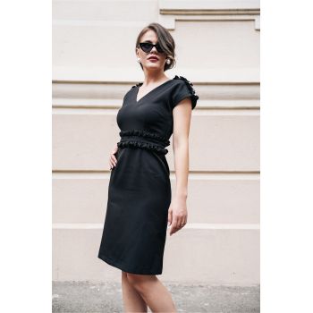 Rochie Dy Fashion neagra cu mini volanase si perlute