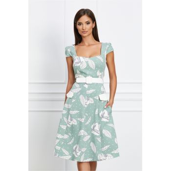 Rochie Dy Fashion verde mint cu imprimeu floral alb si curea in talie ieftina