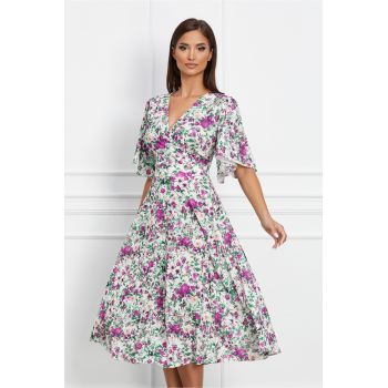 Rochie Isaura alba cu imprimeu floral mov ieftina