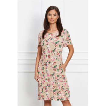 Rochie Kira bej cu imprimeu floral roz