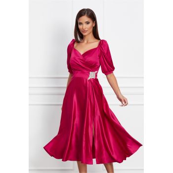 Rochie Malvena bordo din satin cu aplicatie in talie la reducere