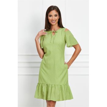 Rochie Moze verde cu buline si decupaj la umeri