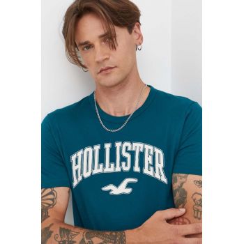 Hollister Co. tricou din bumbac culoarea verde, cu imprimeu