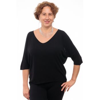 Bluza fin tricotata bob de orez, cu maneca fluture 3 4, negru