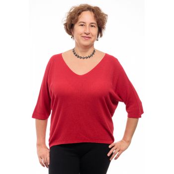 Bluza fin tricotata bob de orez, cu maneca fluture 3 4, rosu