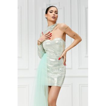 Rochie Eleganta din Paiete, cu o Maneca Lunga si Trena din Tulle pe o Parte, Gucciess, Mint