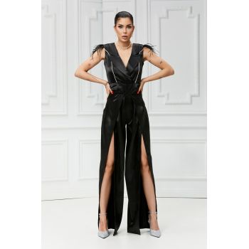Salopeta Lunga,cu Pantalon Larg Decupat din Satin, cu Decolteu Adanc, Escapade, Neagra