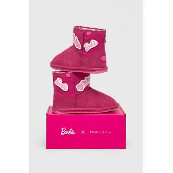 Emu Australia cizme de iarna pentru copii din piele intoarsa x Barbie, Wallaby Mini Play culoarea roz