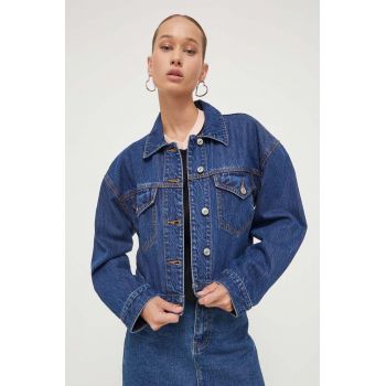Abercrombie & Fitch geaca jeans femei, culoarea albastru marin, de tranzitie, oversize ieftina