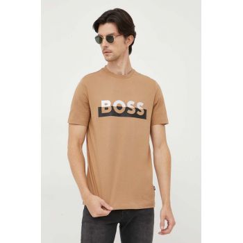 BOSS tricou din bumbac culoarea bej, cu imprimeu