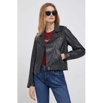 Pepe Jeans geaca ramones de piele femei, culoarea negru, de tranzitie la reducere