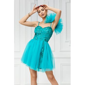 Rochie Eleganta, din Tulle, cu Accesoriu Floare din Tulle pe un Umar, si Detalii Paiete, BabyDoll, Turquoise