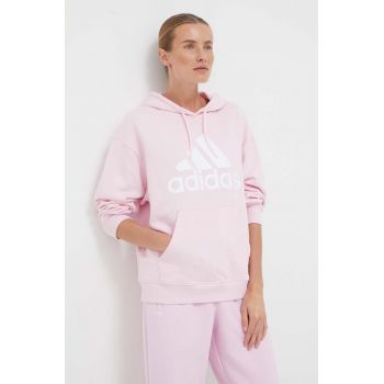 adidas hanorac de bumbac femei, culoarea roz, cu glugă, cu imprimeu ieftin