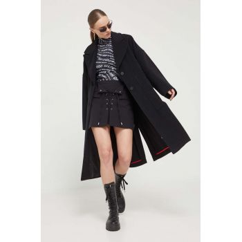 HUGO palton de lana culoarea negru, de tranzitie, desfacut