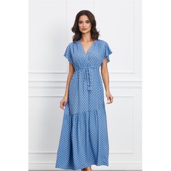 Rochie Diana bleu cu buline si snur reglabil in talie