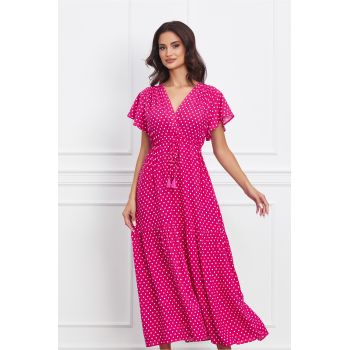 Rochie Diana fucsia cu buline si snur reglabil in talie