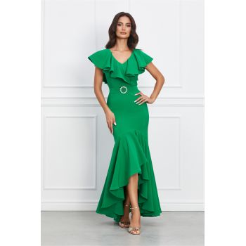 Rochie LaDonna lunga verde cu volan si cordon in talie