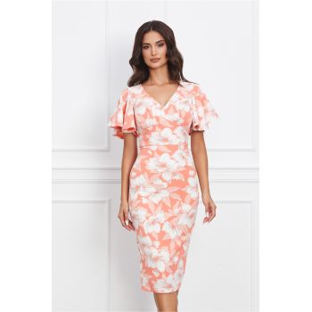 Rochie MBG corai cu imprimeuri florale albe