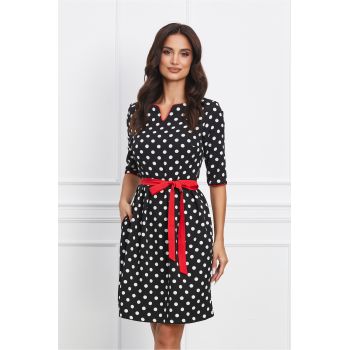 Rochie Sonia neagra cu buline si cordon in talie