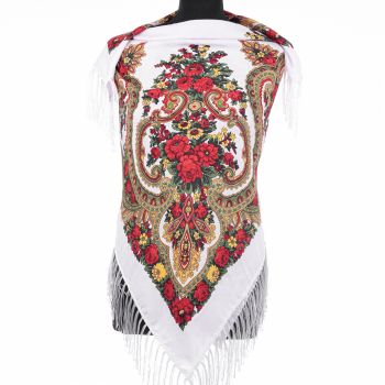 Esarfa gipsy patrata mare, tip Pavlovo Posad cu imprimeu floral traditional pe fond alb