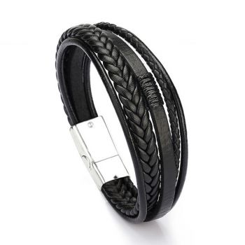 Bratara barbati, BT45, piele naturala, Negru/Argintiu