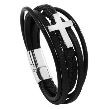 Bratara barbati, BT50, piele naturala, model cruce, Negru