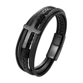 Bratara barbati, BT55, piele naturala, model cruce, Negru mat