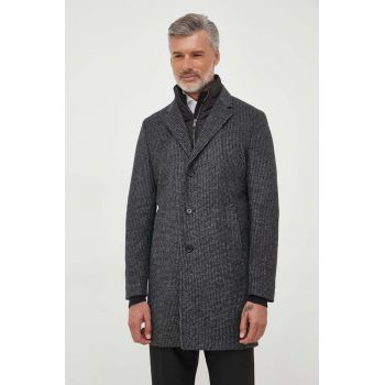 BOSS palton din lana culoarea negru, de tranzitie de firma original