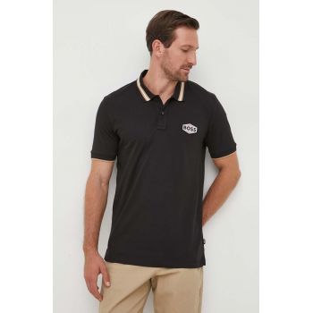 BOSS polo de bumbac culoarea negru, cu imprimeu