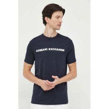 Armani Exchange tricou din bumbac culoarea albastru marin, cu imprimeu ieftin