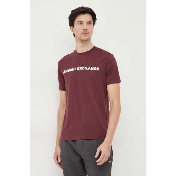 Armani Exchange tricou din bumbac culoarea bordo, cu imprimeu ieftin