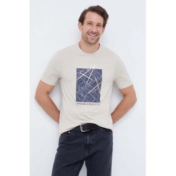 Armani Exchange tricou din bumbac culoarea maro, cu imprimeu