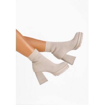 Botine cu toc gros Lalena bej ieftine