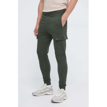 EA7 Emporio Armani pantaloni de trening din bumbac culoarea verde, neted de firma originali