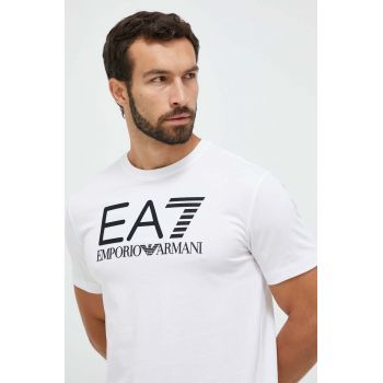 EA7 Emporio Armani tricou din bumbac culoarea alb, cu imprimeu ieftin
