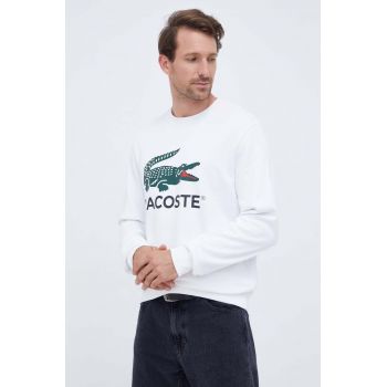 Lacoste hanorac de bumbac barbati, culoarea alb, cu imprimeu de firma original