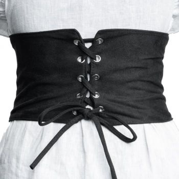 Centura corset lata din material textil catifelat cu siret si capse argintii, elastic lat la spate