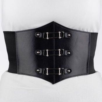 Centura corset lata din piele ecologica cu 3 elemente metalice argintii si elastic la spate ieftina