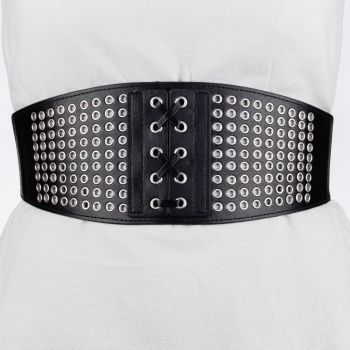 Centura corset lata din piele ecologica cu capse metalice argintii si elastic la spate ieftina