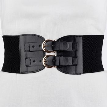 Centura corset lata din piele ecologica cu doua catarame aurii in fata si elastic la spate ieftina