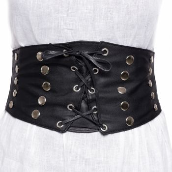 Centura corset lata din piele ecologica cu siret si 4 randuri capse metalice argintii ieftina