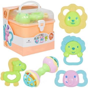 Cutie cu set 5 jucarii zornaitoare cu suprafete moi siliconate pentru dentitia bebelusilor