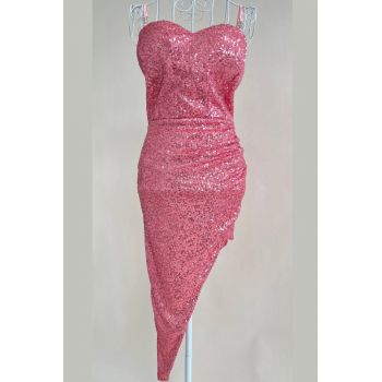Rochie Dama de Ocazie, din Paiete si Bretele Subtiri, Lara, Roz