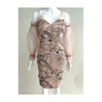 Rochie Eleganta de Dama, Accesorizata cu Flori 3D si Maneci Bufante din Voal, Theoris, Bej