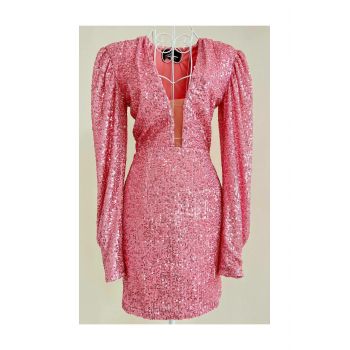 Rochie Eleganta de Dama, din Paiete, cu Maneca Lunga si Decolteu Adanc, Fiorita, Roz